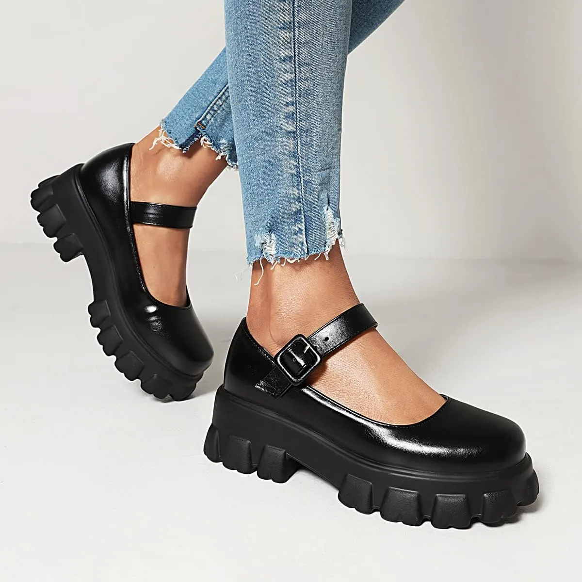 Scaoruki Women Fashion Loafers Platform Chunky Heels Slip on Shoes