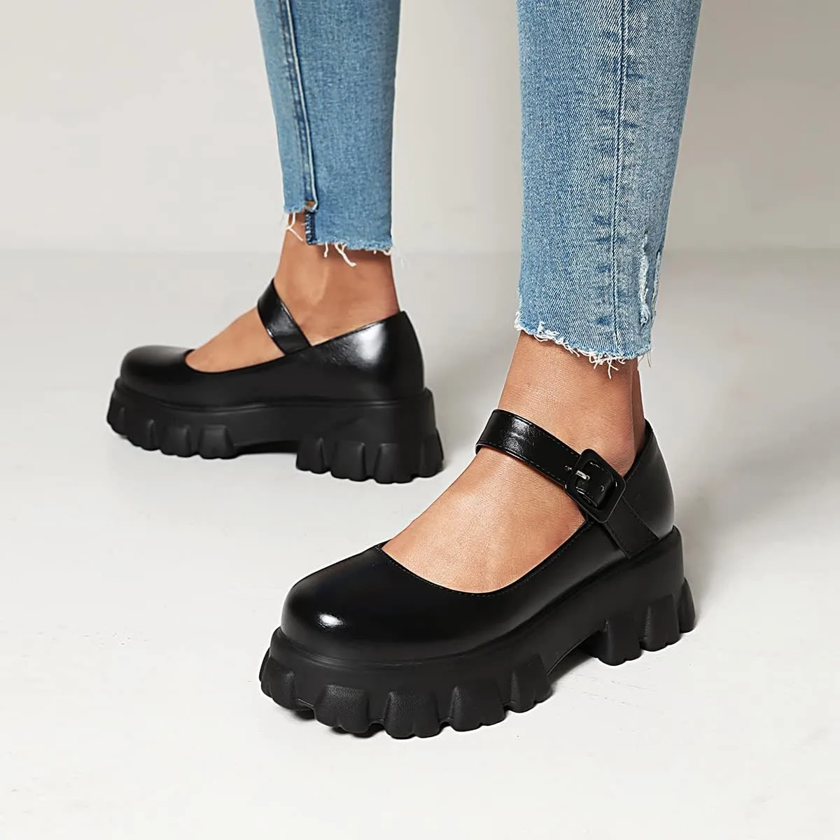 Scaoruki Women Fashion Loafers Platform Chunky Heels Slip on Shoes