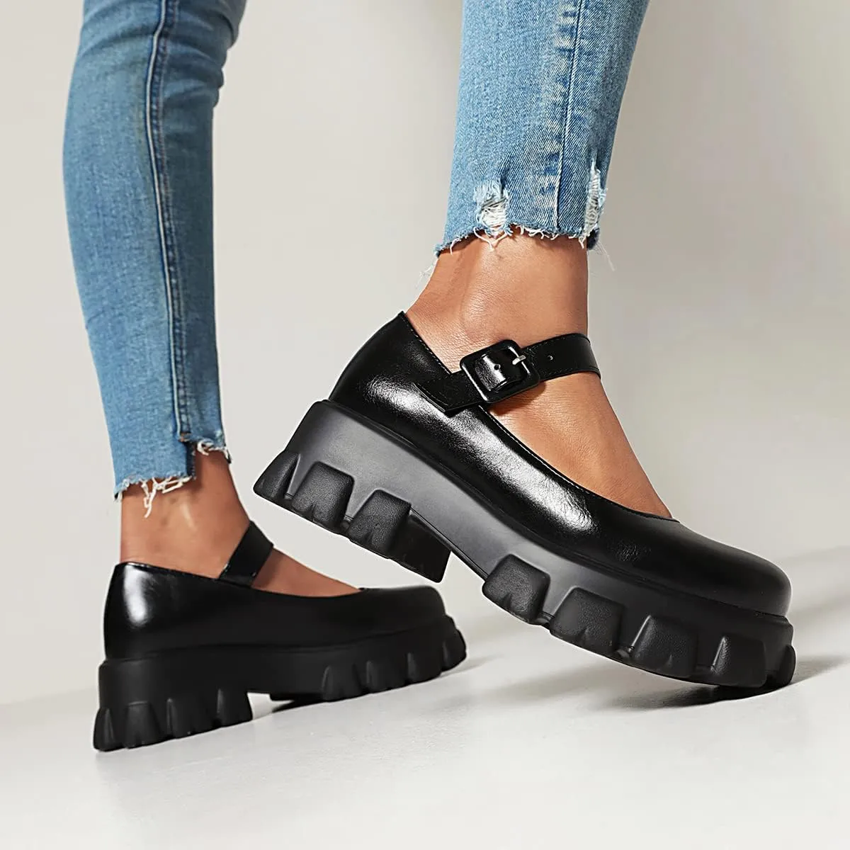 Scaoruki Women Fashion Loafers Platform Chunky Heels Slip on Shoes