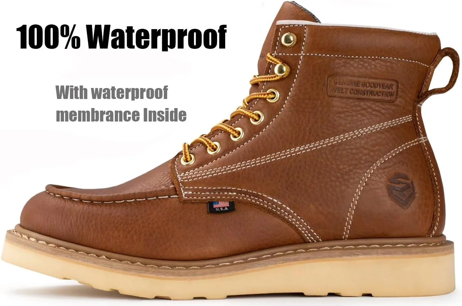 SUREWAY 6 Wedge Moc Toe Work Boots for Men - Soft Toe,Premium Full-Grain Leather,Lightweight Work Boots/Shoes,Comfort Insole,Oil/Slip Resistant,Real Goodyear,EH Rated Industrial Construction Boots