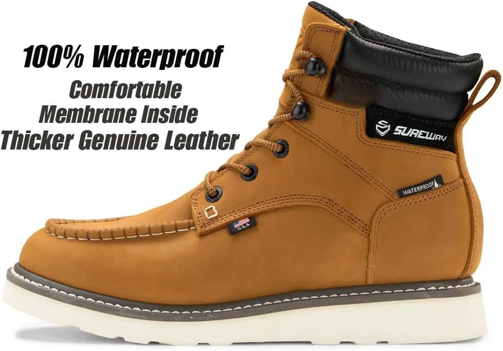 SUREWAY Men 6 Inch Waterproof Soft Toe Work Boots - Moc Toe,Construction Industrial Safety Leather Work Shoes,Oil/Slip Resistant Comfortable Wedge Outsole,EH Rated,Goodyear Welt,Lace Up,Heavy Duty