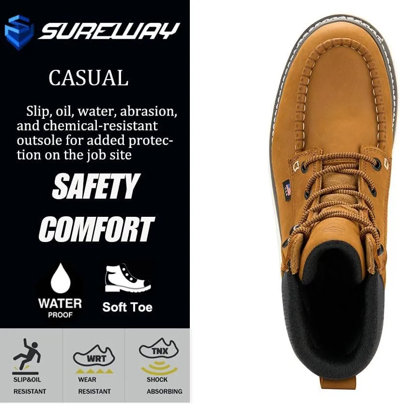 SUREWAY Men 6 Inch Waterproof Soft Toe Work Boots - Moc Toe,Construction Industrial Safety Leather Work Shoes,Oil/Slip Resistant Comfortable Wedge Outsole,EH Rated,Goodyear Welt,Lace Up,Heavy Duty