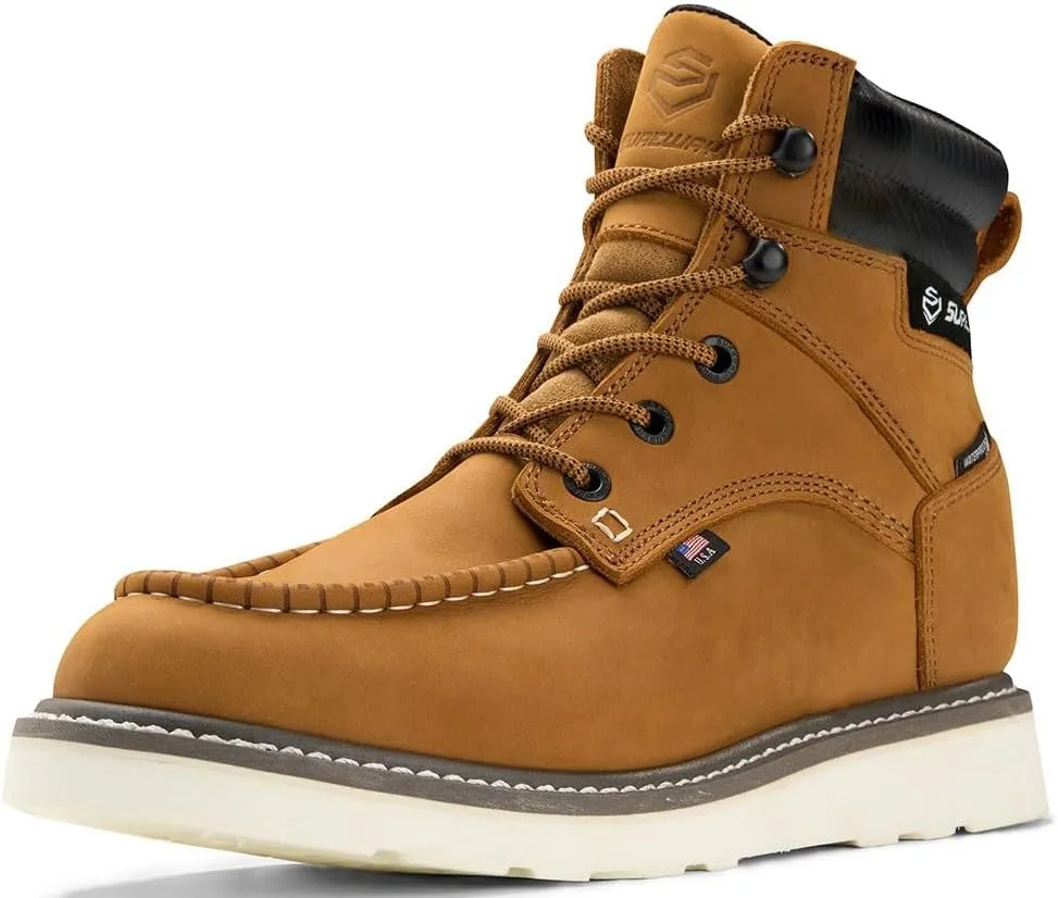 SUREWAY Men 6 Inch Waterproof Soft Toe Work Boots - Moc Toe,Construction Industrial Safety Leather Work Shoes,Oil/Slip Resistant Comfortable Wedge Outsole,EH Rated,Goodyear Welt,Lace Up,Heavy Duty