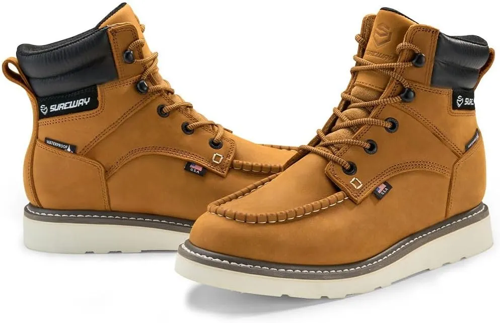 SUREWAY Men 6 Inch Waterproof Soft Toe Work Boots - Moc Toe,Construction Industrial Safety Leather Work Shoes,Oil/Slip Resistant Comfortable Wedge Outsole,EH Rated,Goodyear Welt,Lace Up,Heavy Duty
