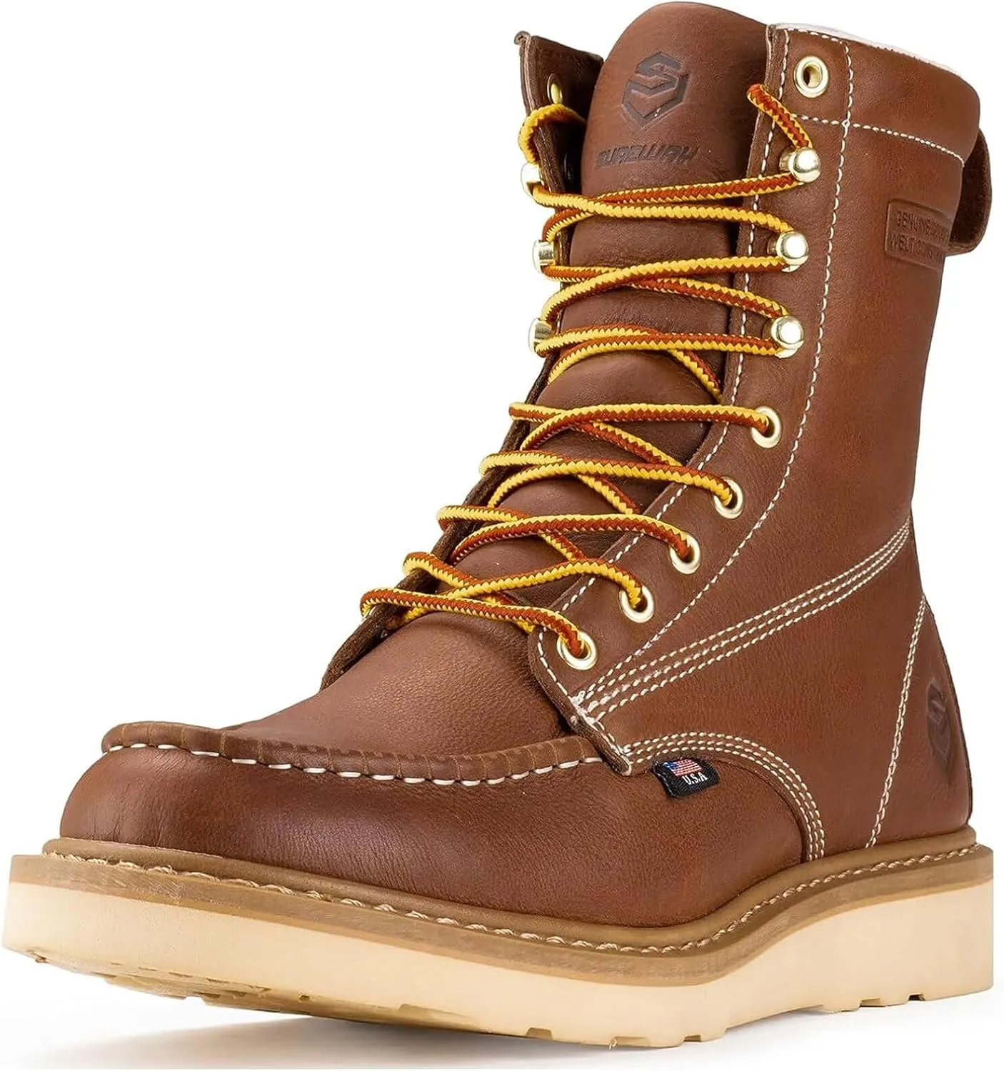 SUREWAY Mens 8 in Wedge Moc Soft/Steel Toe Work Boots for Men,Full-Grain Leather,Goodyear Welt,EH,Safety Industrial Construction Boots/Shoes for Women,Soft Toe Tobacco,Size 9.5