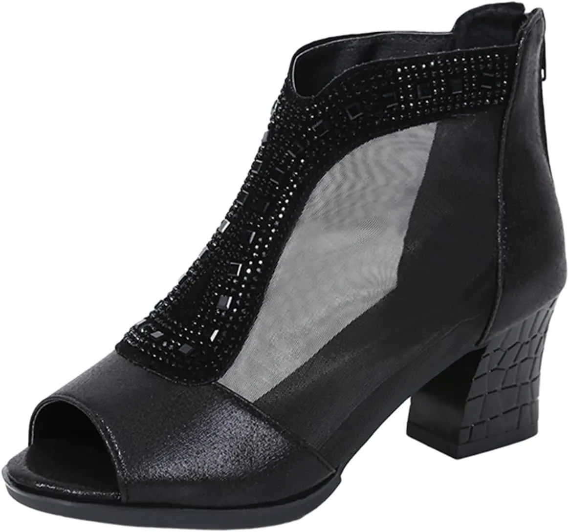 SWDZM Women Latin Dance Shoes Ballroom Dance Shoes Fashionable Peep Open Toe Cutout Chunky Heel Wedding Booties,Model CCZ116
