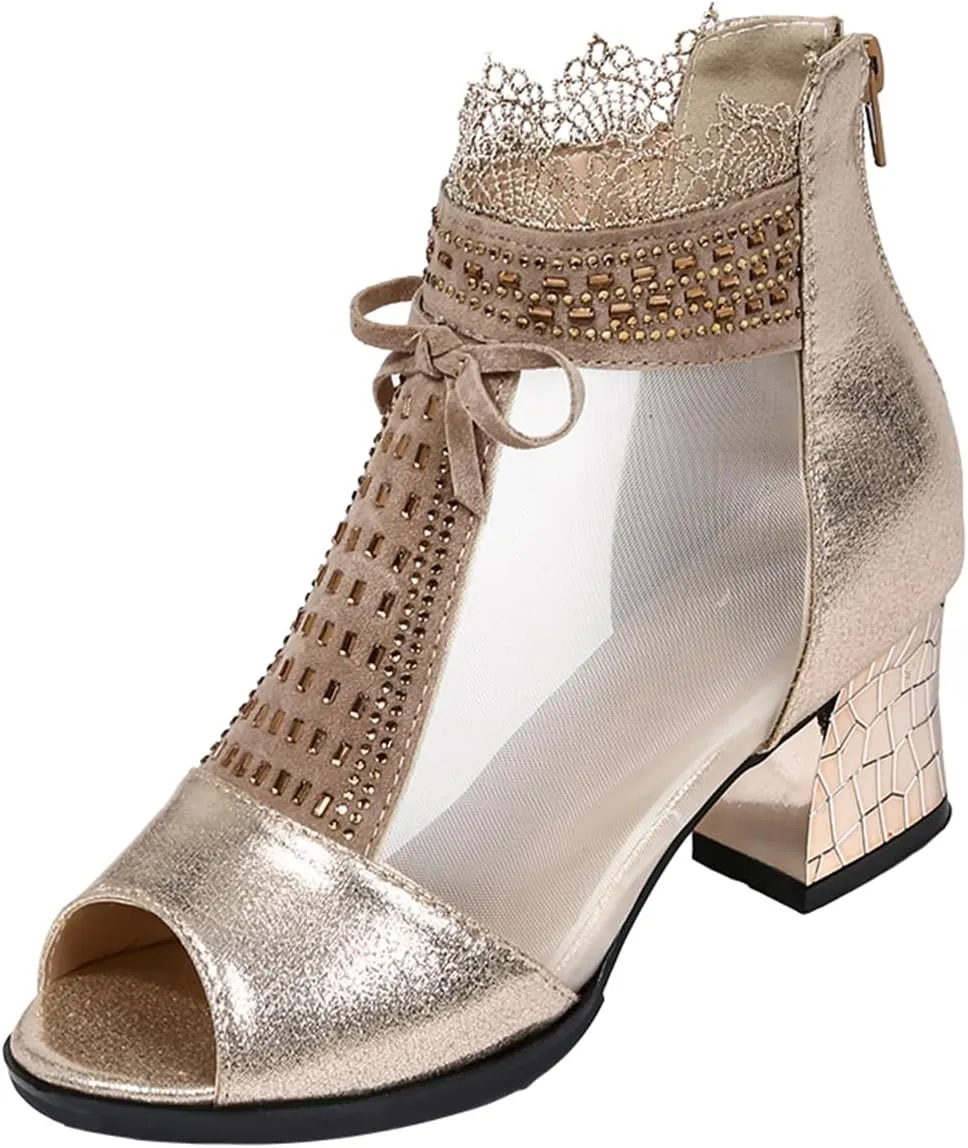 SWDZM Women Latin Dance Shoes Ballroom Dance Shoes Fashionable Peep Open Toe Cutout Chunky Heel Wedding Booties,Model CCZ116