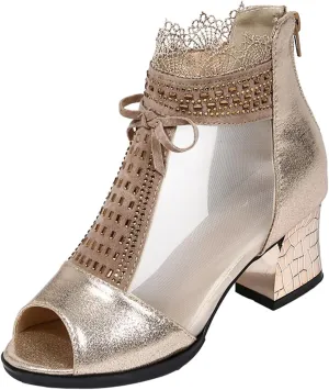 SWDZM Women Latin Dance Shoes Ballroom Dance Shoes Fashionable Peep Open Toe Cutout Chunky Heel Wedding Booties,Model CCZ116