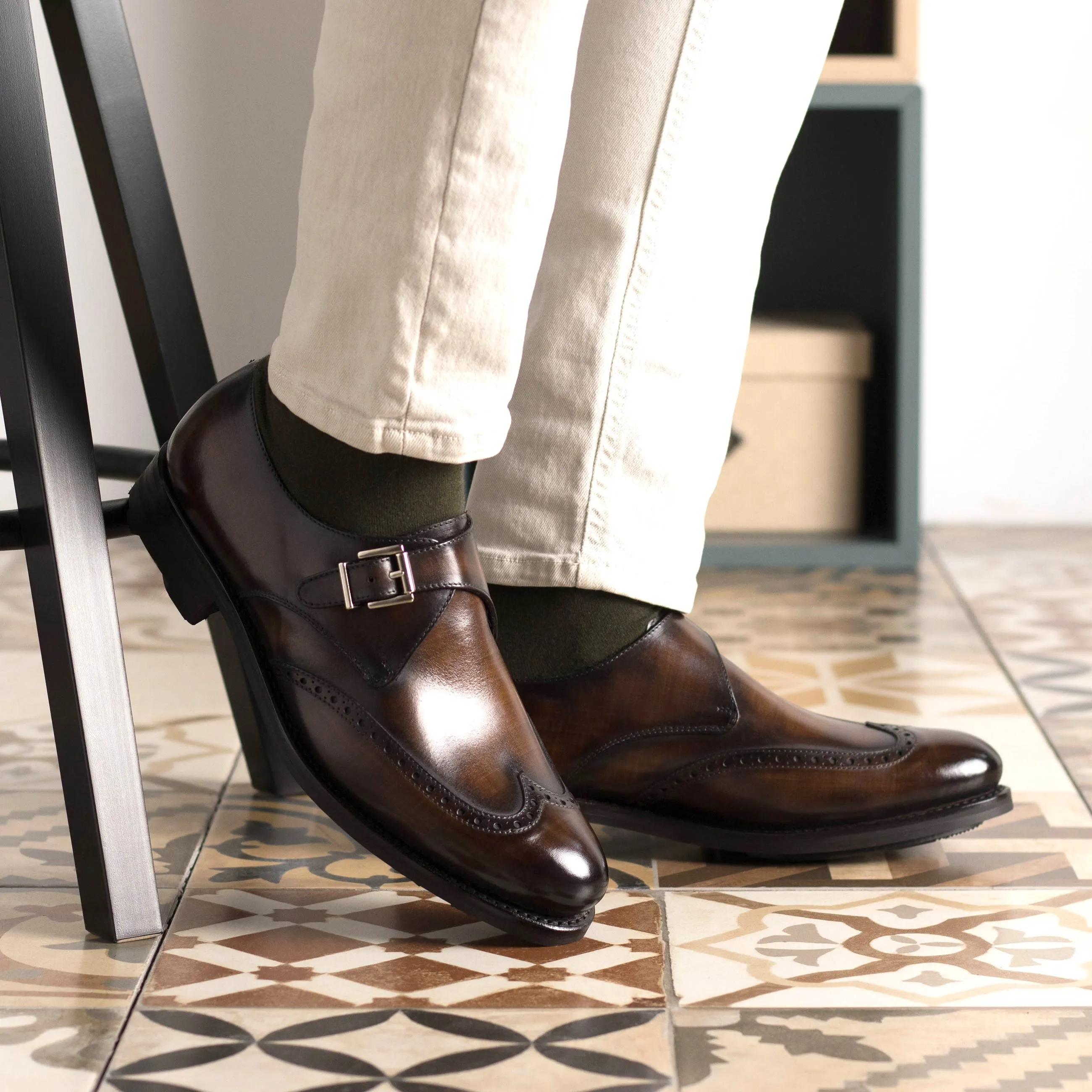 The Marlow – Wingtip Monk in Hand-Patinated Brown Leather Shoes.