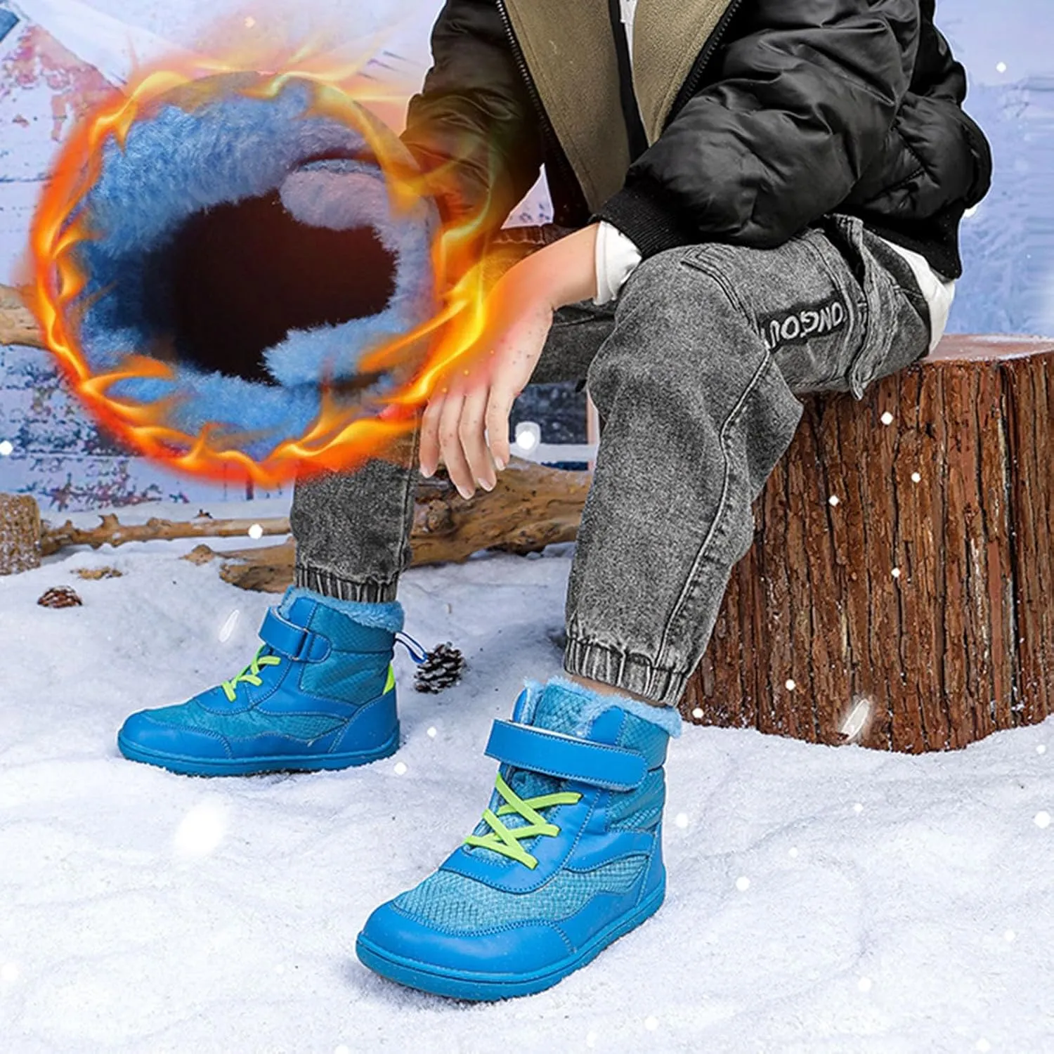 Toddler Boys Girls Winter Snow Barefoot Boots with Wide Toe Box Slip Drop Sole Ankle Boots Hiking Fur Lined Winter Boots