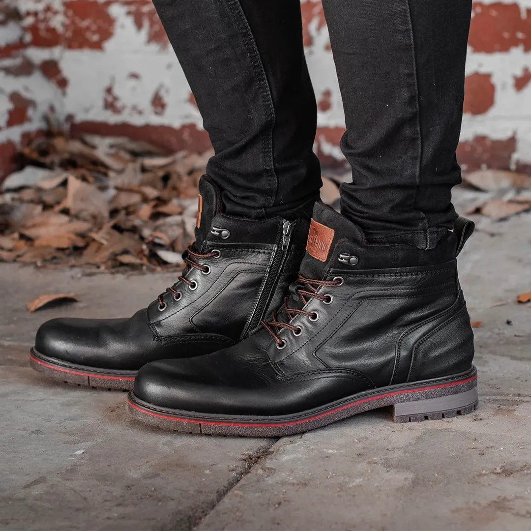 Wild Rhino Redback Black 6 Eyelet Zip Ankle Boot Made In Portugal