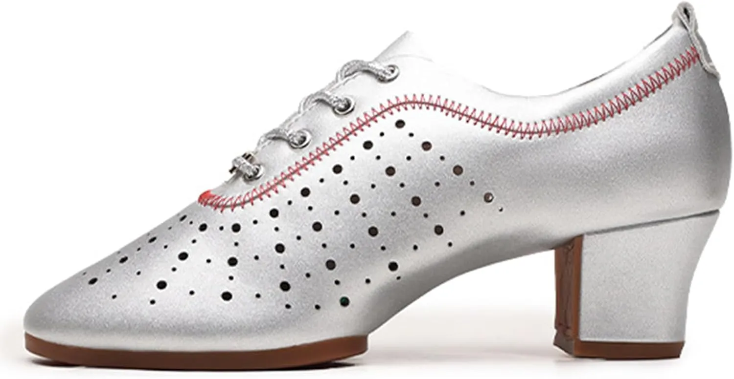 Womens Latin Ballroom Dance Shoes Non-Slip 3.5cm Heel Lace up Modern Dance Sneaker with Split Sole
