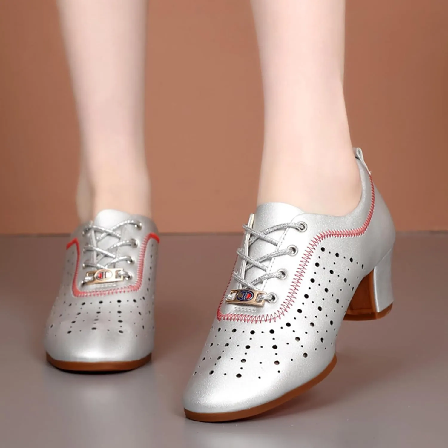 Womens Latin Ballroom Dance Shoes Non-Slip 3.5cm Heel Lace up Modern Dance Sneaker with Split Sole