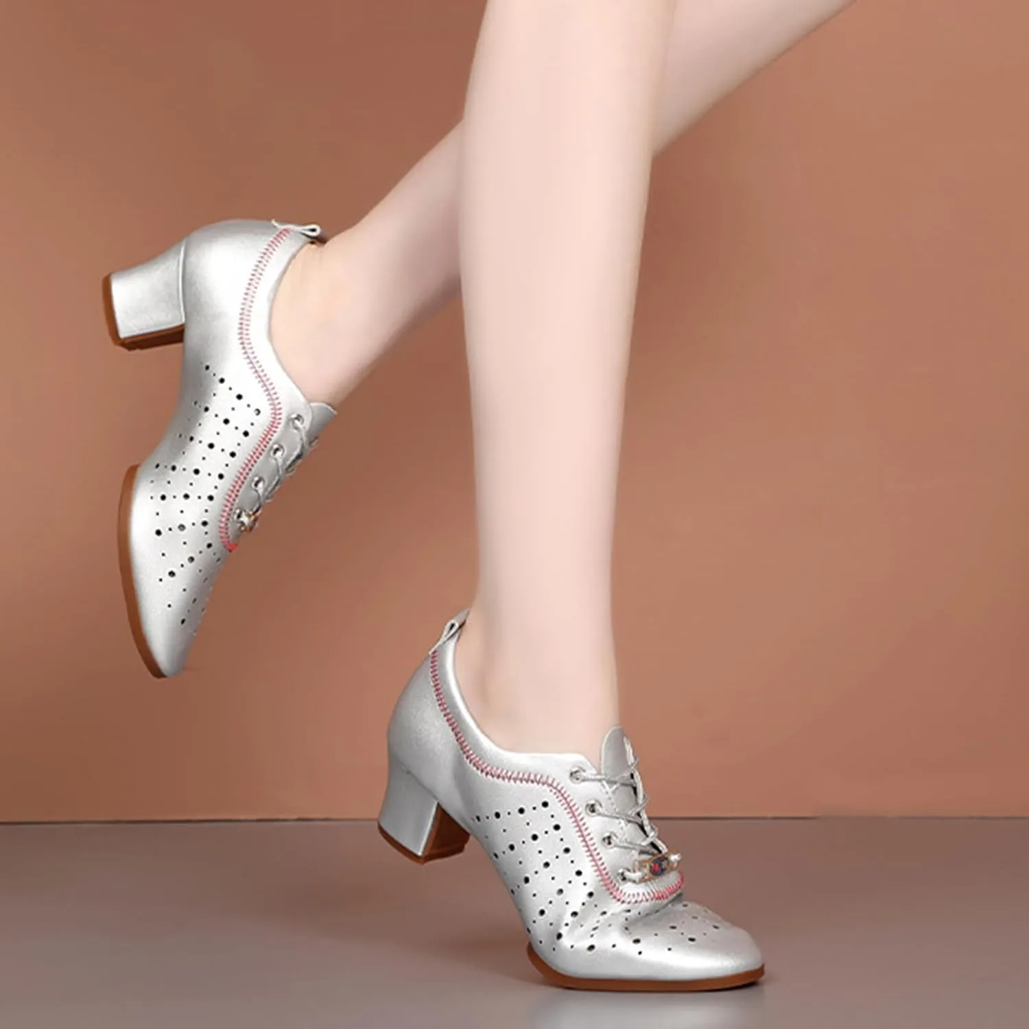 Womens Latin Ballroom Dance Shoes Non-Slip 3.5cm Heel Lace up Modern Dance Sneaker with Split Sole