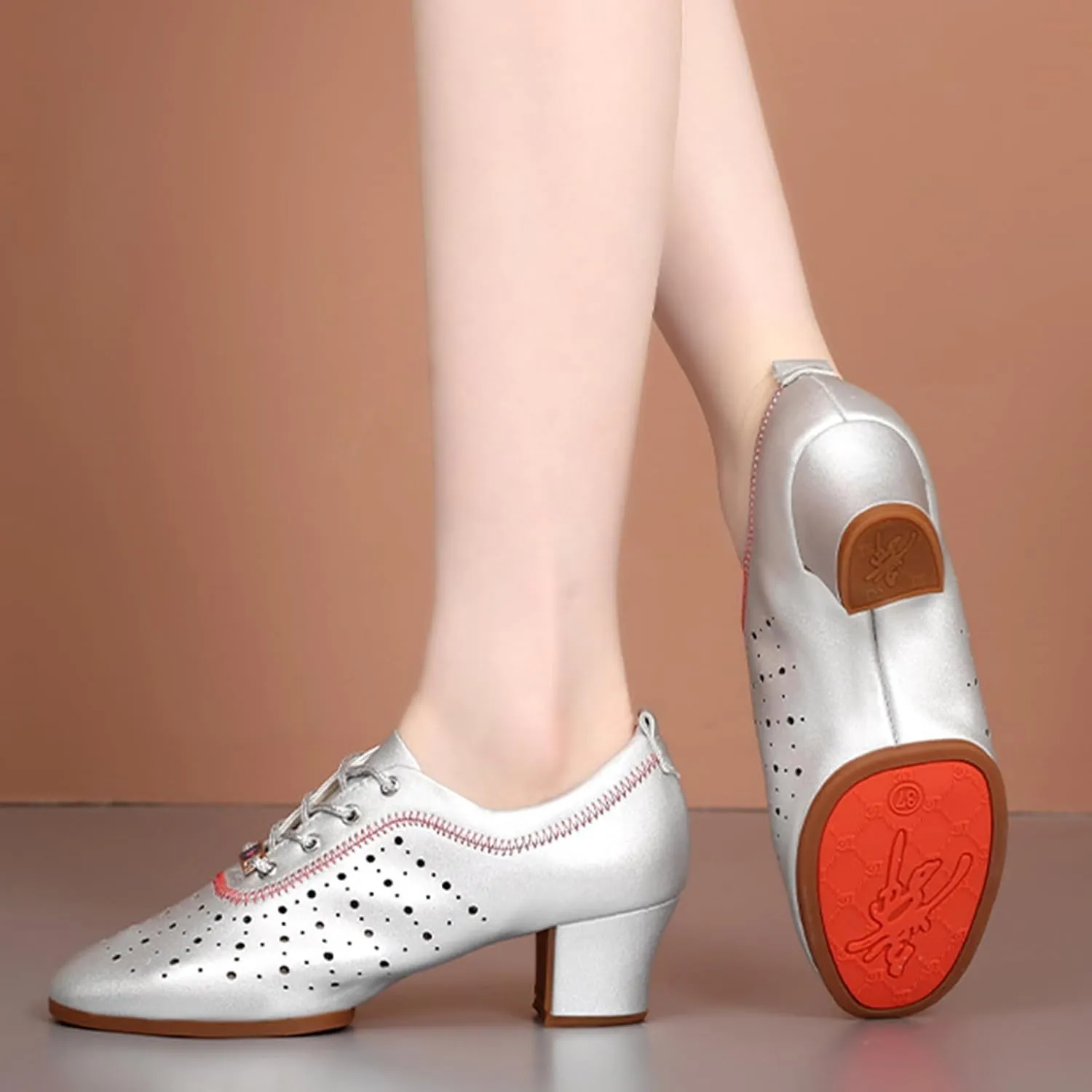 Womens Latin Ballroom Dance Shoes Non-Slip 3.5cm Heel Lace up Modern Dance Sneaker with Split Sole