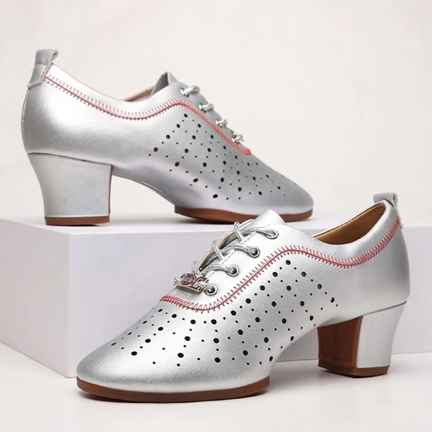 Womens Latin Ballroom Dance Shoes Non-Slip 3.5cm Heel Lace up Modern Dance Sneaker with Split Sole