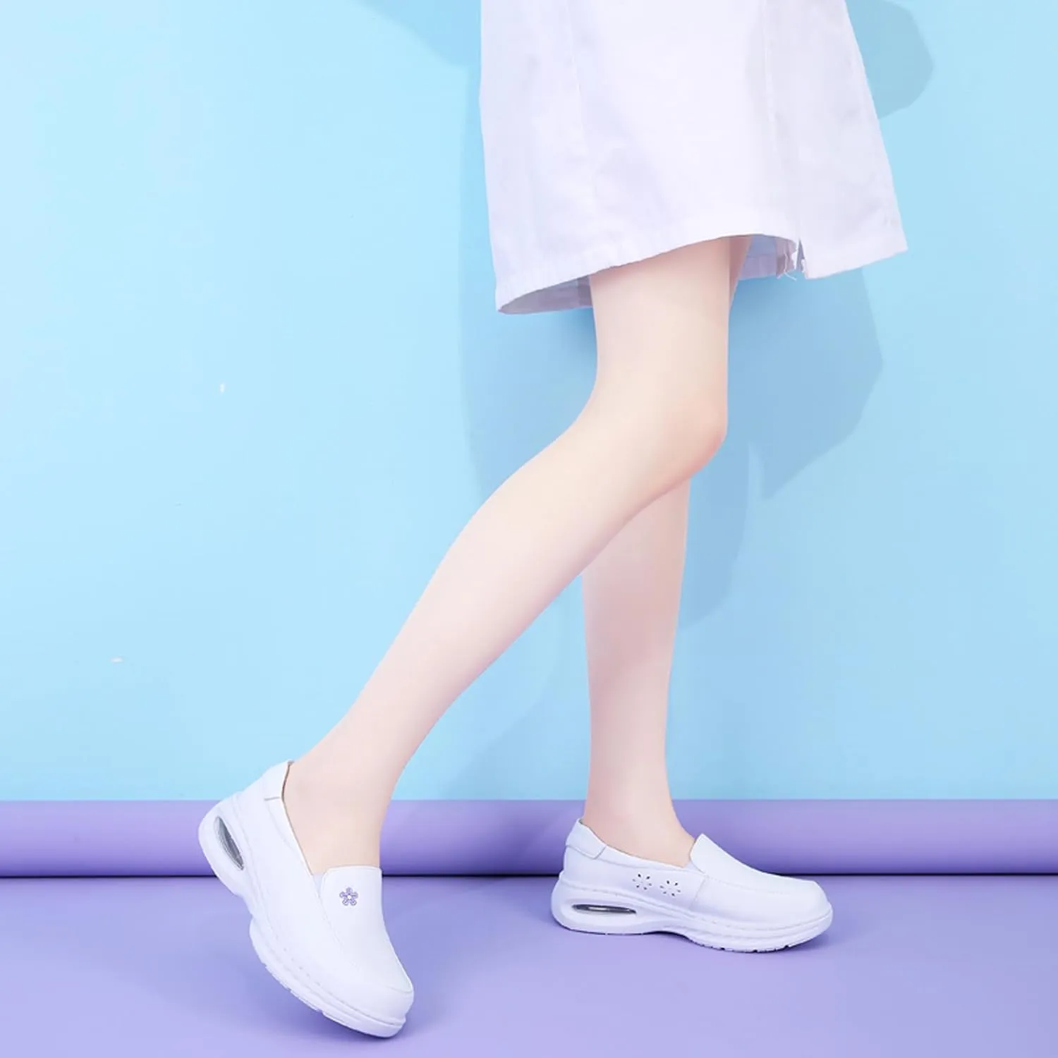 Womens Nursing Shoes Platform Loafers Air Cushion Drop-in Heel Sneakers Lightweight Leather Nurse Shoe