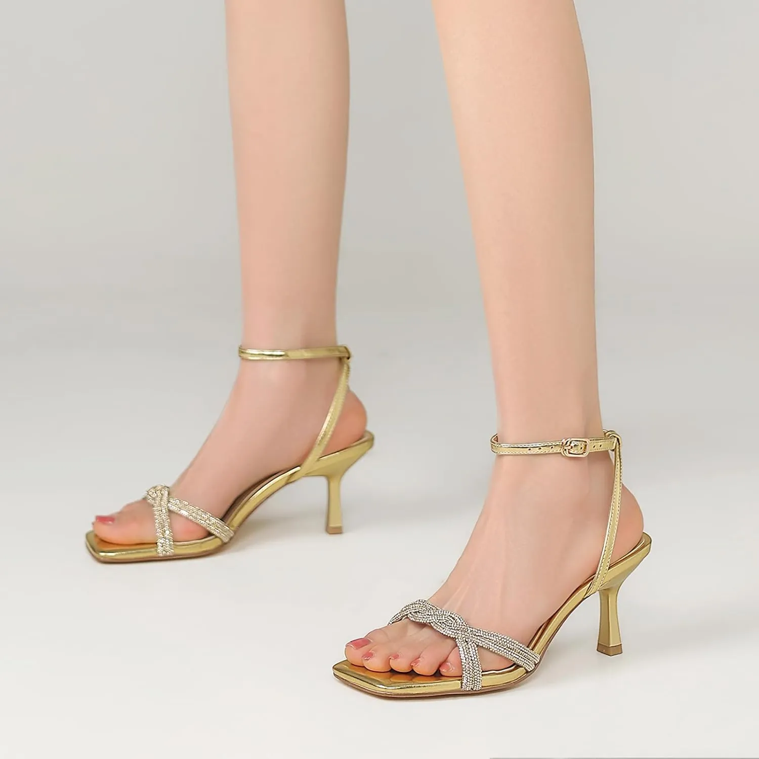 Women's Sandals Square Open Toe Kitten Heels Strappy Ankle Strap Sandals for Women Comfort Dress Party Shoes