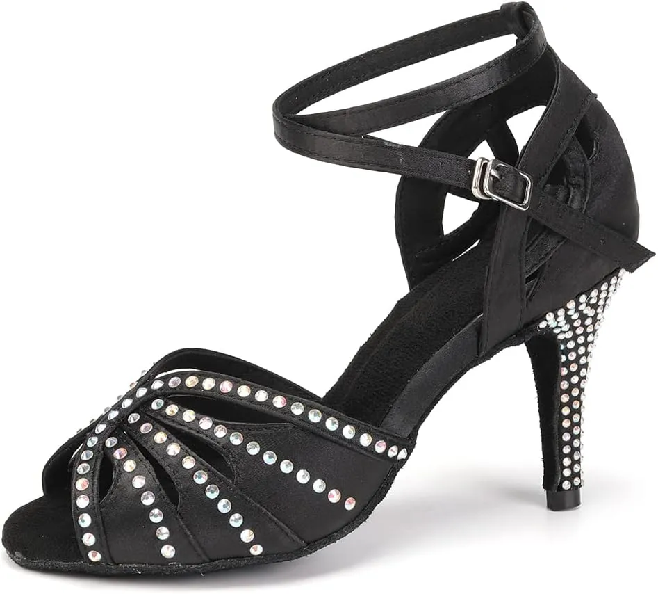 Womens Satin Latin Dance Shoes Rhinestone Open Toe Ballroom Salsa Chacha Performance Dance Shoes,Model L162
