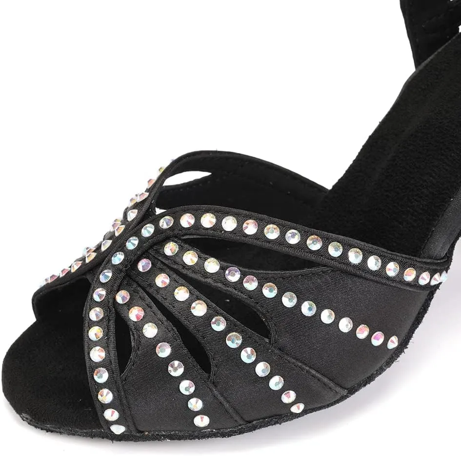 Womens Satin Latin Dance Shoes Rhinestone Open Toe Ballroom Salsa Chacha Performance Dance Shoes,Model L162