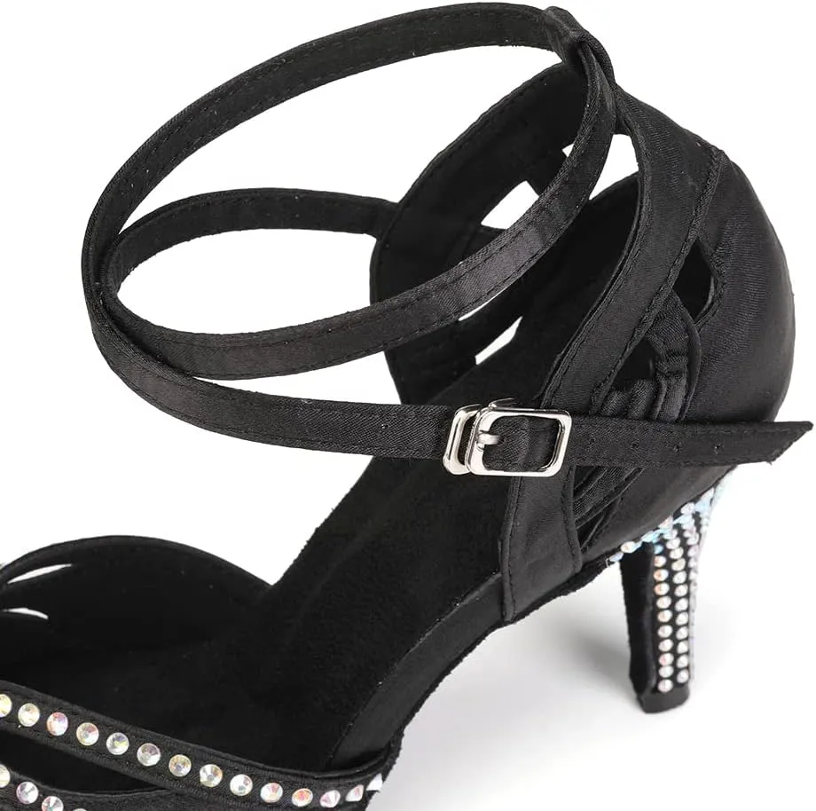 Womens Satin Latin Dance Shoes Rhinestone Open Toe Ballroom Salsa Chacha Performance Dance Shoes,Model L162