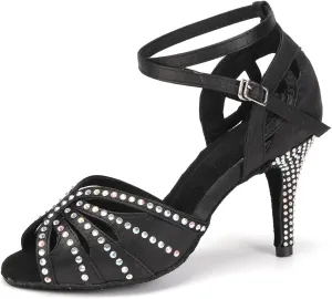 Womens Satin Latin Dance Shoes Rhinestone Open Toe Ballroom Salsa Chacha Performance Dance Shoes,Model L162