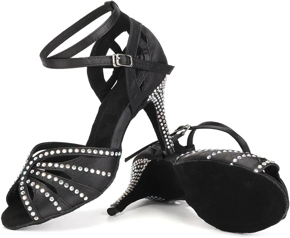 Womens Satin Latin Dance Shoes Rhinestone Open Toe Ballroom Salsa Chacha Performance Dance Shoes,Model L162