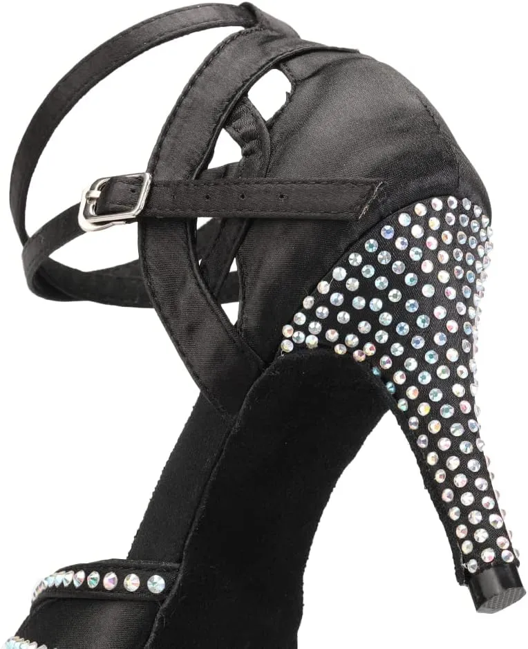 Womens Satin Latin Dance Shoes Rhinestone Open Toe Ballroom Salsa Chacha Performance Dance Shoes,Model L162
