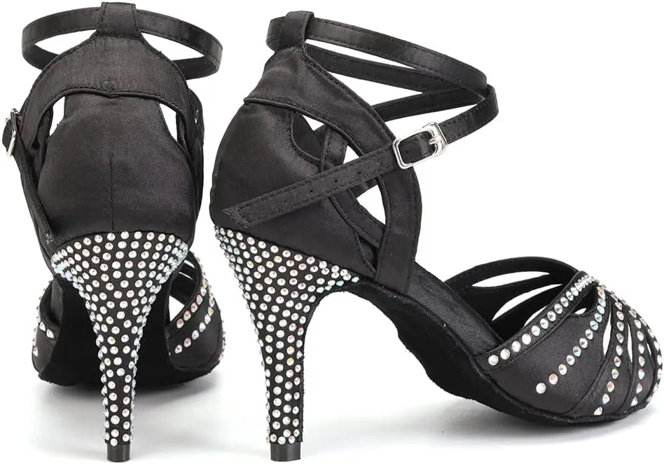 Womens Satin Latin Dance Shoes Rhinestone Open Toe Ballroom Salsa Chacha Performance Dance Shoes,Model L162