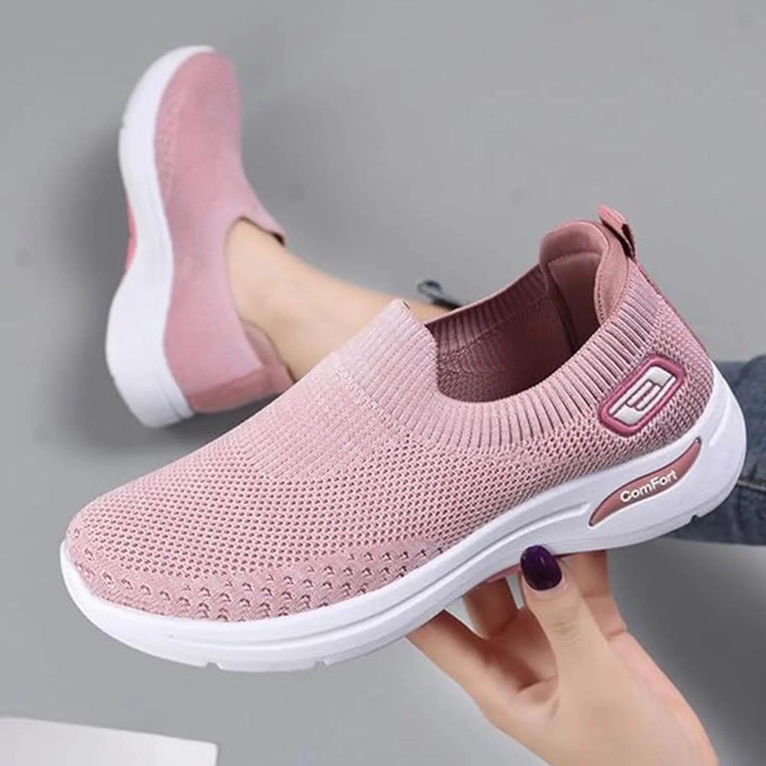 Womens Shoes Free Slip-Ins Relaxed Fit Sport Sneaker Comfortable Soft Sole Slip-On Loafers Tennis Shoes Breathable Fly Woven Mesh Sneakers