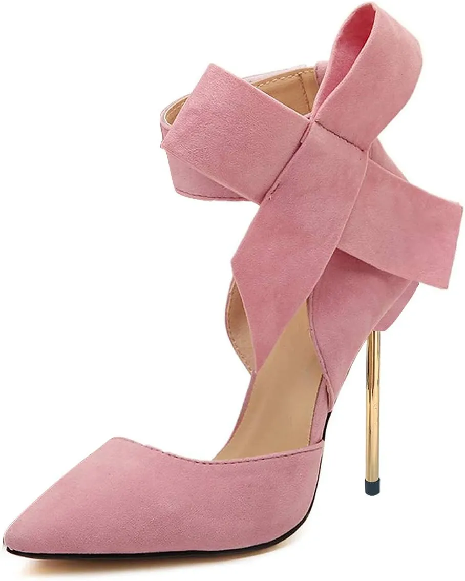 YDN Women D'Orsay Comfy Bows Ankle Strap High Stiletto Heels Closed Point Toe Classic Buckle Up Dance Ballroom Pumps